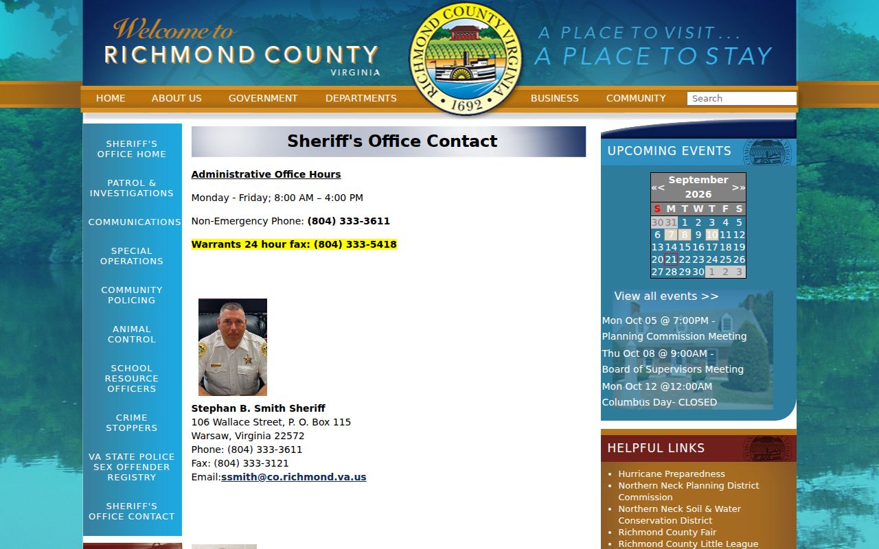 Richmond County Sheriff contact information and warrants fax listing