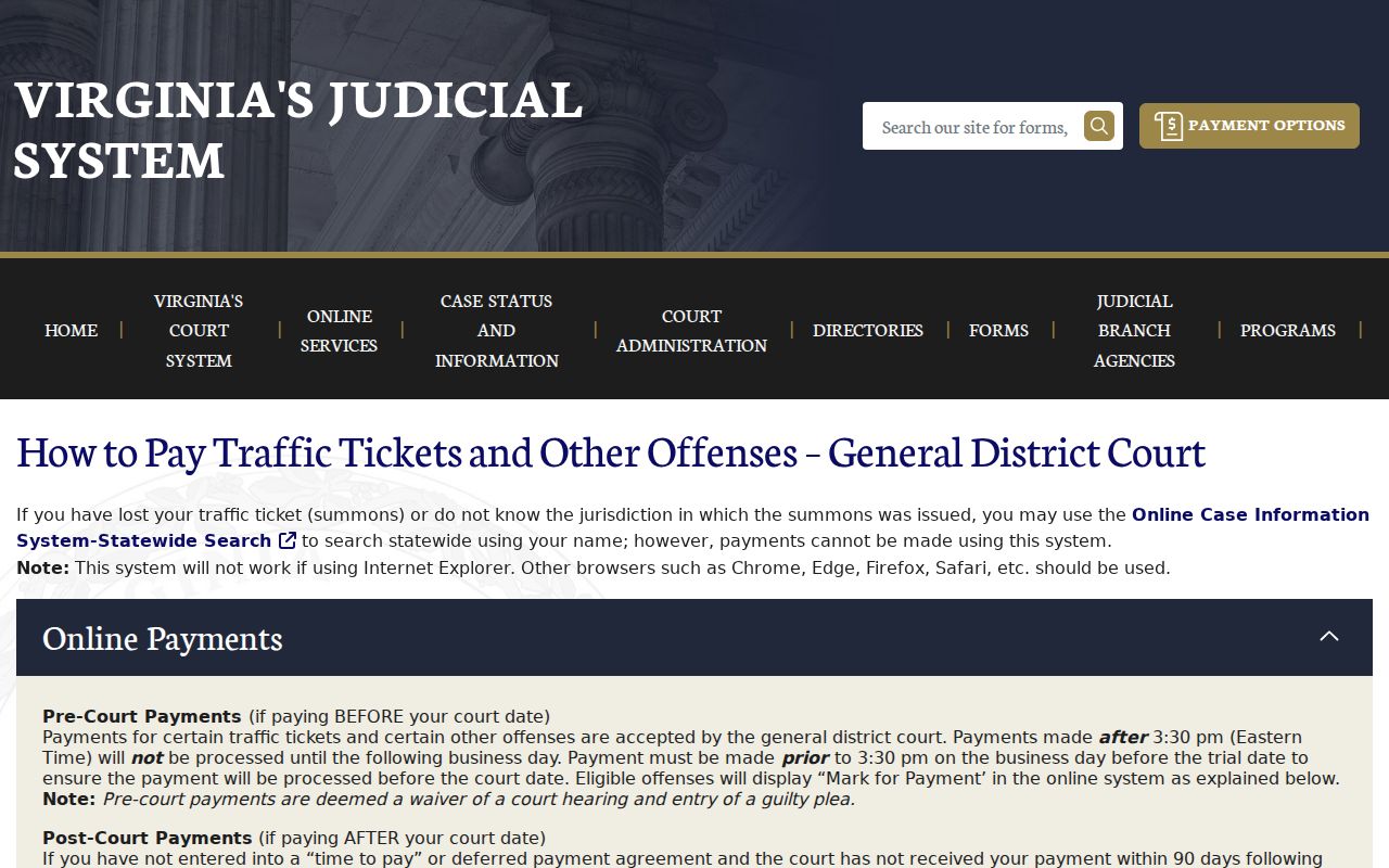 Virginia Courts traffic ticket search and payment guidance