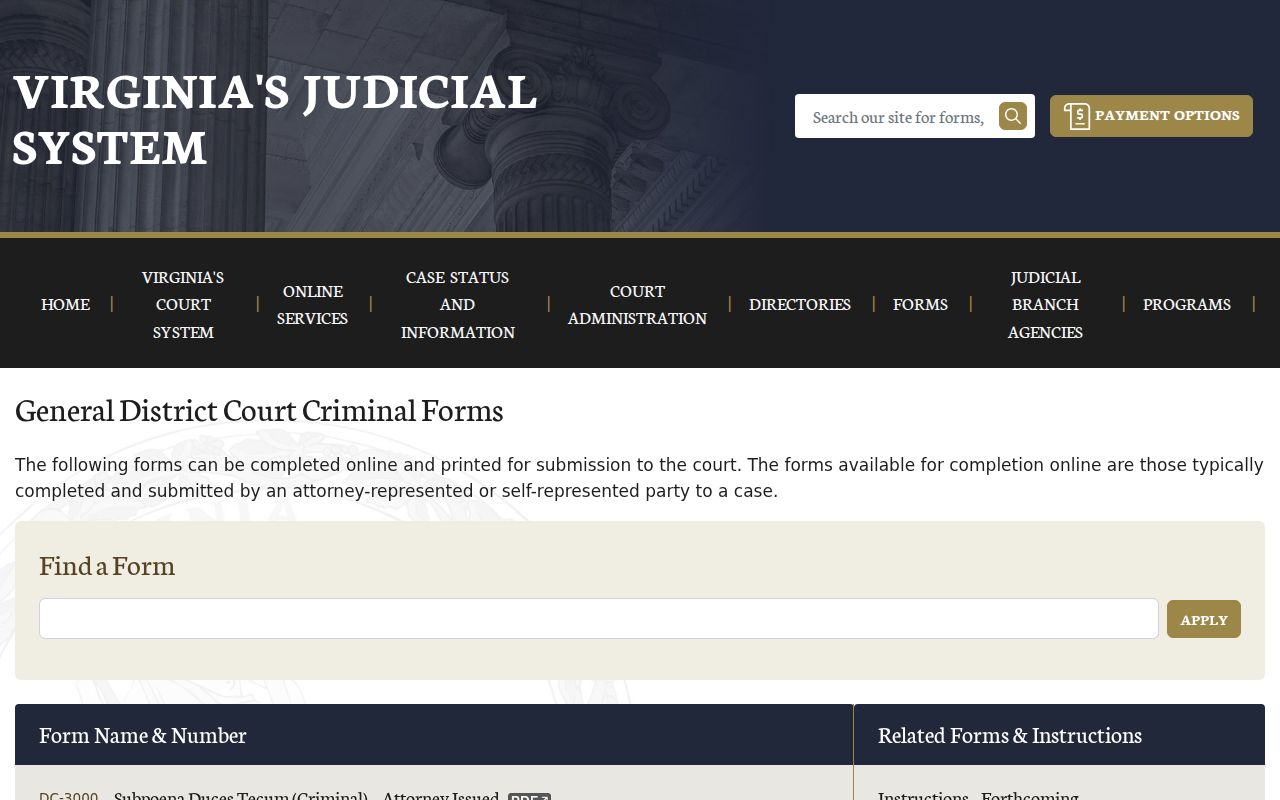 Virginia district criminal forms index for warrant and affidavit forms