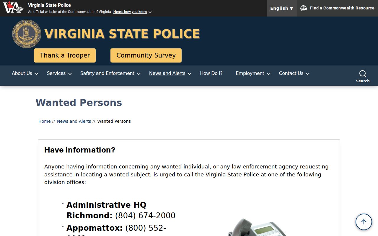 Virginia State Police statewide wanted-person information page