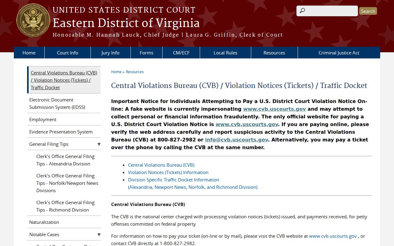 Eastern District of Virginia federal violation notice and CVB instructions