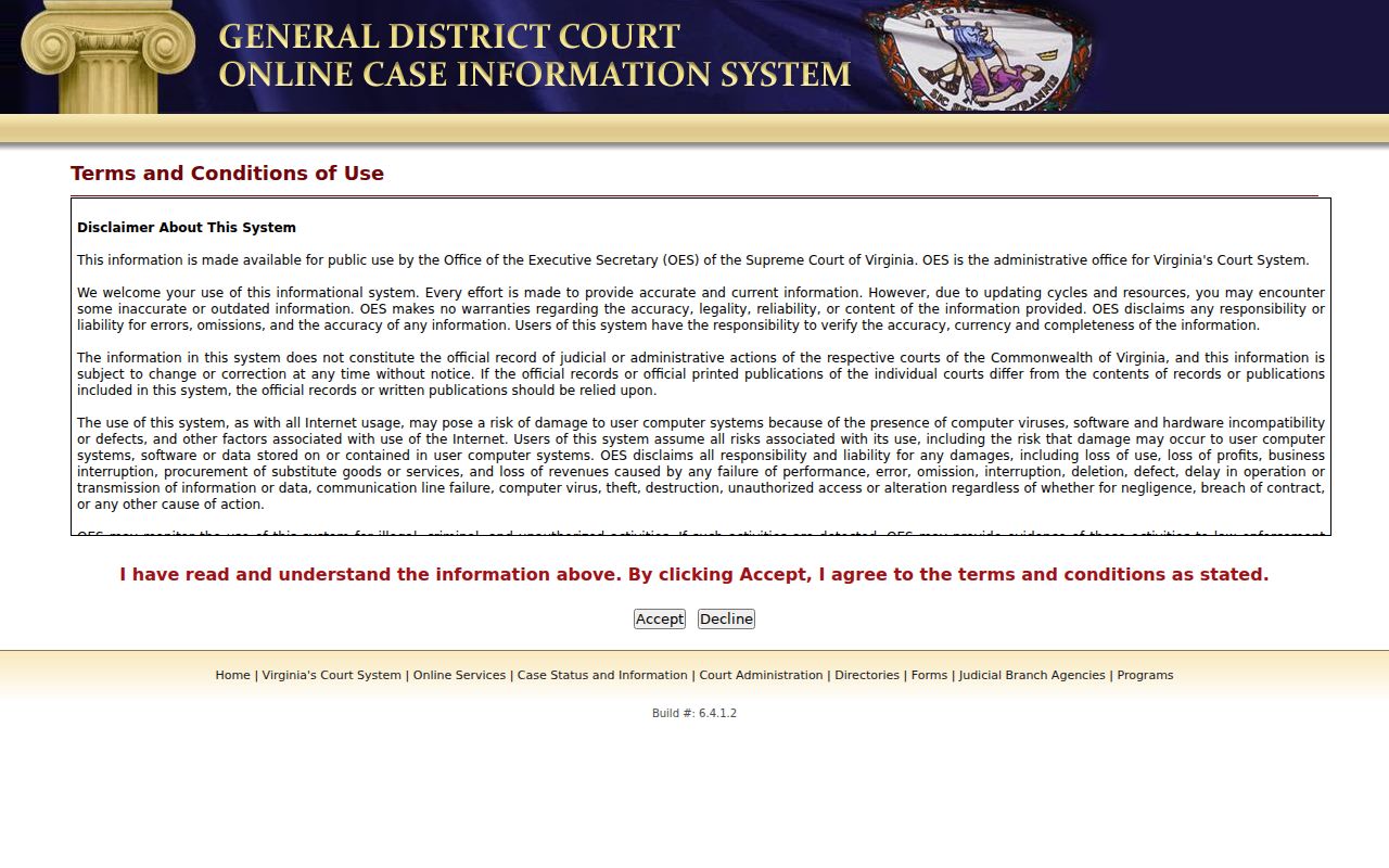 Virginia General District Court search options for locality, name, case number, and hearing date