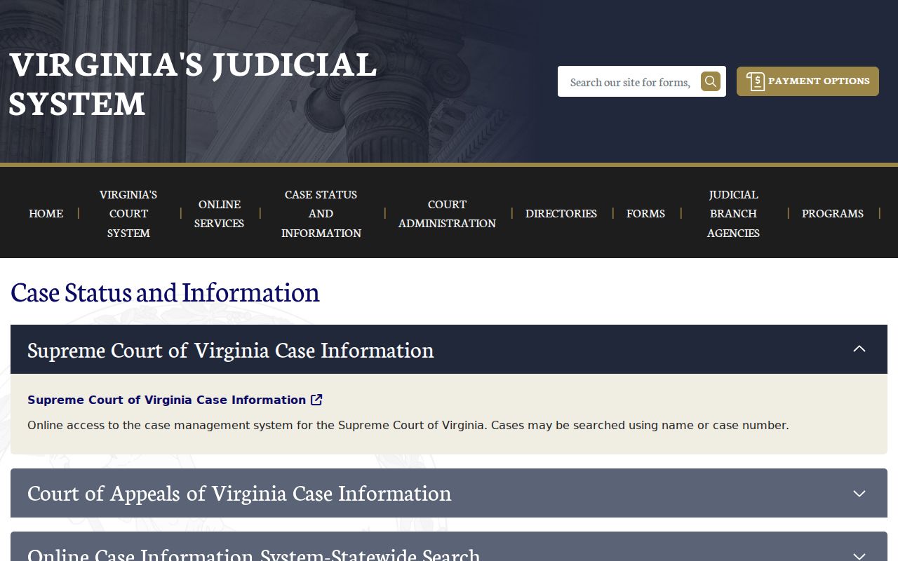 Virginia Courts service map and case-information coverage explanation