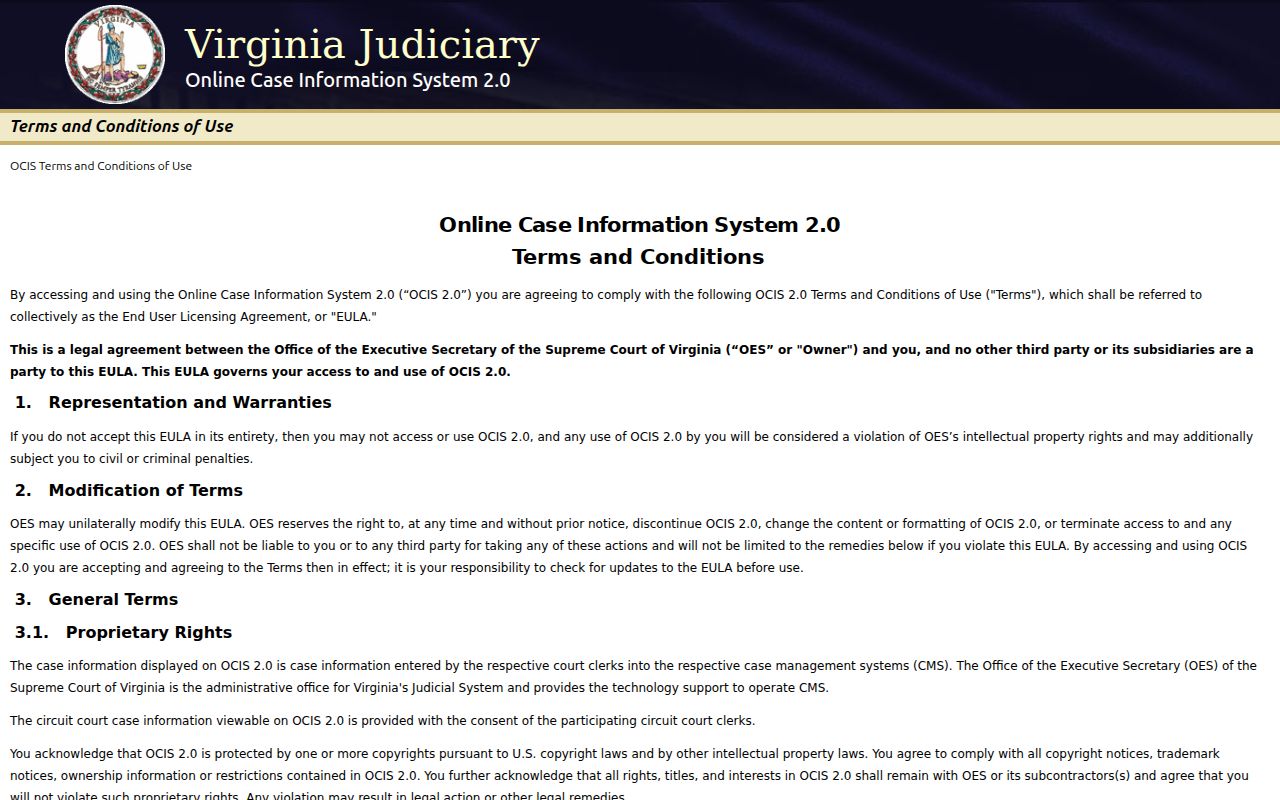 Virginia Courts OCIS 2.0 landing page and public case-information entry
